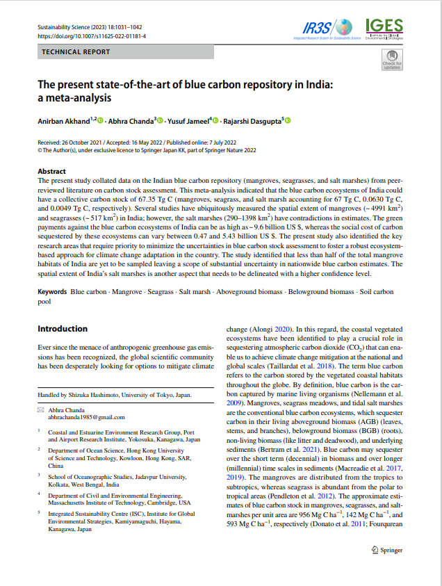 The present state-of-the-art of blue carbon repository in India: a meta ...